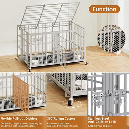 aboxoo 48/42 inch Heavy Duty Metal Dog Crate for 2 Dogs/Large Dog,All Metal Open Top,Dog Kennel Indoor with Wheels,Floor Grid, Tray, Divider and Feeding Bowl (Sliver)