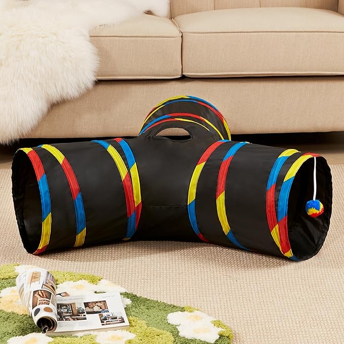 Tempcore 3 Way Collapsible Cat Tube Toys, Kitty Tunnel with Peek Hole Toy Ball, Black & Rainbow