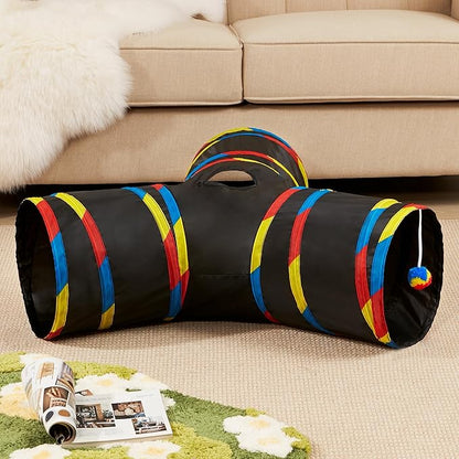 Tempcore 3 Way Collapsible Cat Tube Toys, Kitty Tunnel with Peek Hole Toy Ball, Black & Rainbow