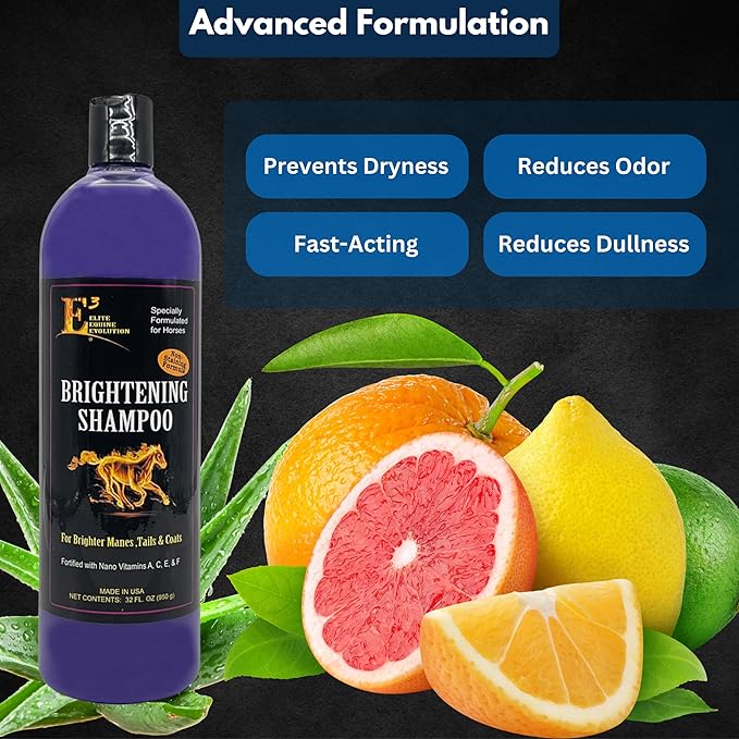 E3 Brightening Shampoo for Horses 32oz - Enhances Coat Color, Deep Cleansing, Moisturizes & Conditions, Gentle Formula, Vet Approved