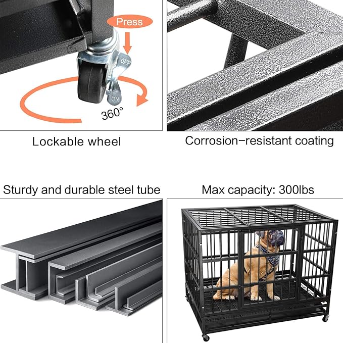 LEMBERI 42 inch Heavy Duty Indestructible Dog Crate, Escape Proof Dog Cage Kennel with Lockable Wheels,High Anxiety Double Door Dog Crate,Extra Large Crate Indoor for Large Dog with Removable Tray