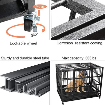 LEMBERI 42 inch Heavy Duty Indestructible Dog Crate, Escape Proof Dog Cage Kennel with Lockable Wheels,High Anxiety Double Door Dog Crate,Extra Large Crate Indoor for Large Dog with Removable Tray