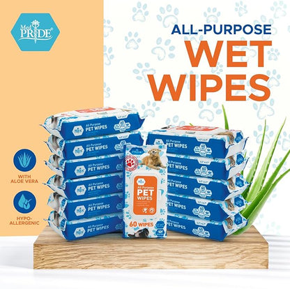 MED PRIDE Pet Wipes for Dogs & Cats [Pack of 60]- Hypoallergenic Cleaning Deodorizing Dog Wipes with Aloe Vera- Alcohol and Paraben-Free Pet Wipes- Extra Soft Cat Bathing Wipes for Fur