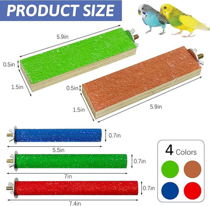 Hamiledyi 5 PCS Bird Perch Stand - Wooden Parrot Perch Stand with Colorful Sand Paw Grinding Stick Trim Beak Wood Platform for Bird Nail Trimming - Cage Accessories for Parakeets & Cockatiel