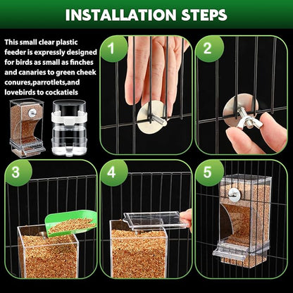 7 Pcs No Mess Bird Feeders Set Automatic Clear Parrot Feeder and Watered Dispenser Cage Accessories Stainless Steel Parrot Fruit Vegetable Skewer Foraging for Lovebirds Budgies Canary Finch