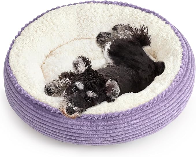 Love's cabin Round Donut Cat and Dog Cushion Bed, 25in Pet Bed for Small or Medium Dogs, Anti-Slip & Water-Resistant Bottom, Soft Durable Fabric Pet Beds, Washable Calming Cat Bed Lavender Stripe