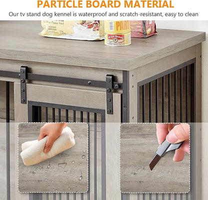 60.6 Inch Double Dog Crate Furniture, 2-in-1 Dog Kennel Furniture with 2 Sliding Doors and Thick Iron, Wooden Large Dog Crate with Divider for 2 Dogs