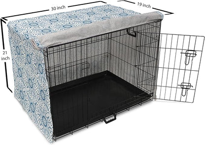 Ambesonne Blue and White Dog Crate Cover, Dutch Tile Design with Large Flowers and Detailed Petals Antique Ethnic, Easy to Use Pet Kennel Cover for Cats & Medium Dogs, 30 Inch, White Blue