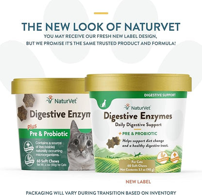 NaturVet  Digestive Enzymes for Cats Plus Probiotics  60 Soft Chews  Helps Support Diet Change & A Healthy Digestive Tract  Aids in The Absorption of Vitamins & Minerals  30 Day Supply