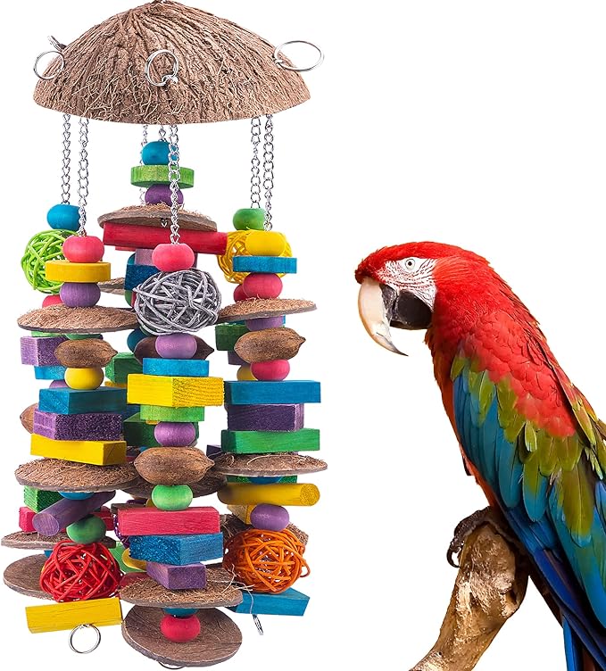 EBaokuup Large Bird Parrot Toys, Colorful Wooden Blocks Bird Chewing Toy Parrots Cage Bite Toy for Macaws Cokatoos African Grey and Large Medium Parrot Birds