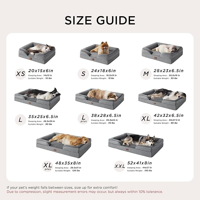 Bedsure Orthopedic Dog Beds Large Sized Dog - Washable Large Dog Cat Bed Waterproof, Comfort Dogs Couch Sofa with Washable Removable Cover, Pet Bed with Nonskid Bottom, Grey, 35"