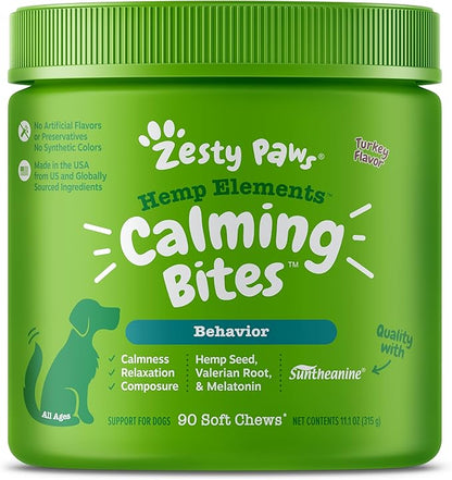 Zesty Paws Hemp Calming Chews for Dogs - Dog Hemp Calming Chews with Melatonin for Dogs for Stress, Travel, Check Ups, Thunderstorms, Separation Anxiety and More - Turkey - 90 Count