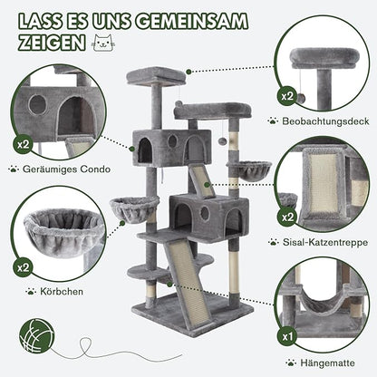 MUTICOR 66 Inches Multi-Level Large Cat Tree Tower for Indoor Big Feline/Cozy Plush Perches/Condo/Sisal Scratching Posts/Hammock and Baskets/Activity Center Play House/Wide Base/Dark Grey