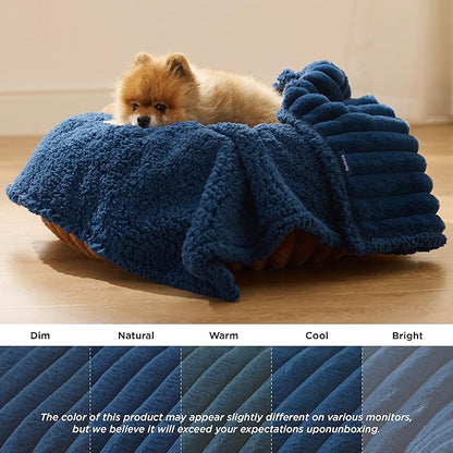 Bedsure Waterproof Dog Blankets for Small Dogs - Soft Puppy Cat Blanket Corduroy Fleece Washable, Cozy Calming Reversible Furniture Protection for Pet Kitten Doggy,25"x35", Navy Blue