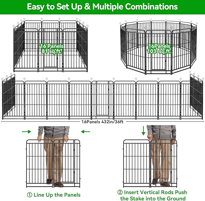 Dog Playpen Outdoor 16 Panels Heavy Duty Dog Fence 40" Height with Thick Pipe Anti-Rust with Doors Portable for RV Camping Yard, Total 36FT, 103 Sq.ft, Snowy Black