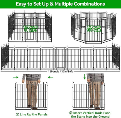 Dog Playpen Outdoor 16 Panels Heavy Duty Dog Fence 47" Height with Thick Pipe Anti-Rust with Doors Portable for RV Camping Yard, Total 36FT, 103 Sq.ft, Snowy Black