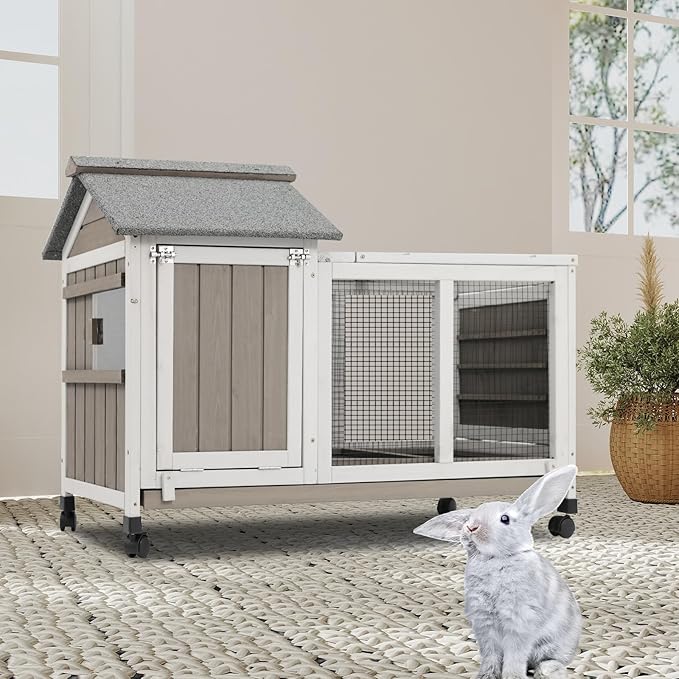 38.19"L Rabbit Hutch Indoor and Outdoor with 4 Wheels,Wooden Rabbit Cage with Pull Out Leak-Proof Tray for 1-2 Rabbits,Bunny Hutch with Asphalt Roof Suitable for Garden,Park,Living Room,Grey