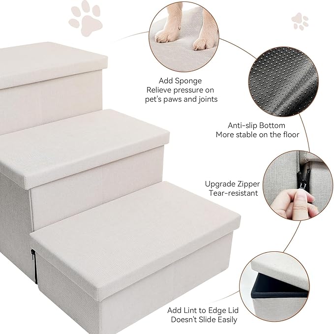 Dog Stairs with Condo 17.5" H, 3-Step Wider Dog Steps for High Beds Couch, Folding Storage Pet Stairs Gift for Small/Medium/Large Dogs Cats, Dog Ramp for Climbing Car Hold Up to 200 lbs, Beige Gray