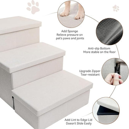 Dog Stairs with Condo 17.5" H, 3-Step Wider Dog Steps for High Beds Couch, Folding Storage Pet Stairs Gift for Small/Medium/Large Dogs Cats, Dog Ramp for Climbing Car Hold Up to 200 lbs, Beige Gray