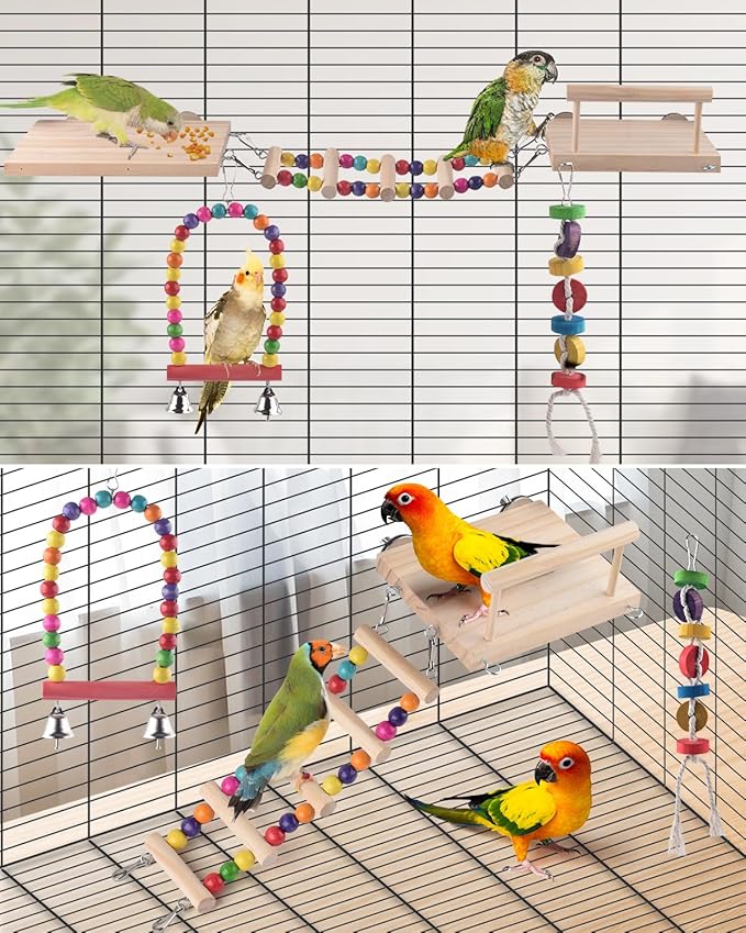5in1 Bird Parakeet Toys, Detachable Birdie Perches Platform Swing with Climbing Ladder, Parrot Cage Stand Accessories, Wooden Playing Gyms for Conure Cockatiel Lovebird Finch Budgerigar Pigeon