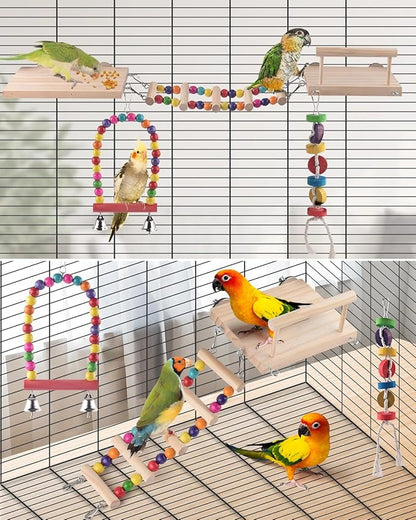5in1 Bird Parakeet Toys, Detachable Birdie Perches Platform Swing with Climbing Ladder, Parrot Cage Stand Accessories, Wooden Playing Gyms for Conure Cockatiel Lovebird Finch Budgerigar Pigeon