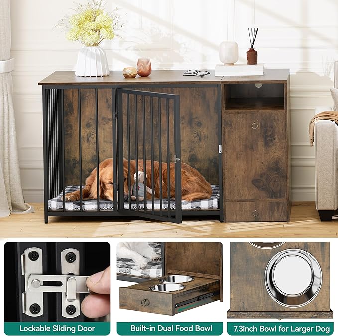 YITAHOME Dog Crate Furniture with Feeder Bowls, 55" Large Breed Dog Kennel with Storage Drawer, Heavy Duty Dog House TV Stand Indoor for Medium Dogs, Brown