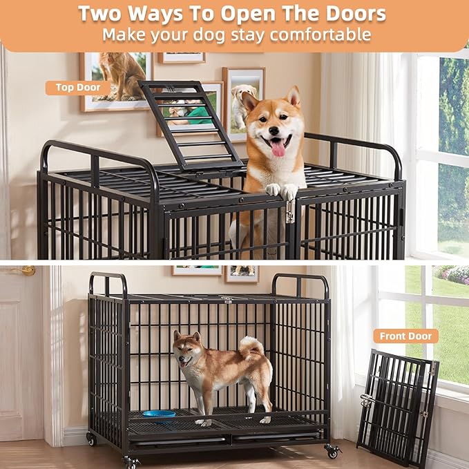 Lauren&Harold 42 Inch Heavy Duty Dog Crate Furniture for Medium/Large Dogs, Metal Dog Kennel Indoor with Top Door&Feed Door, Medium Dog Cage with Removable Tray&Wheels, Furniture Dog crates Pet House
