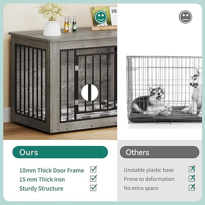 YITAHOME 76 Inch Double Dog Crate Furniture, XXL Dog Crate Furniture for 2 Dogs, Side End Table, Waterproof Top, Safety Corners, 2-in-1 Iron-Wood Fusion Dog Kennel Furniture for 2 Large Dogs,Greige