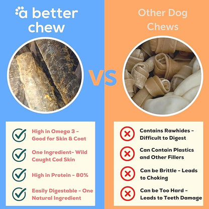 A Better CHEW  Wild Caught Cod Skin Dog Treats | Sourced and Made in The USA, Single Ingredient, Dehydrated | Natural, Healthy Alternative to Rawhides + Bully Sticks, Long Lasting Chew