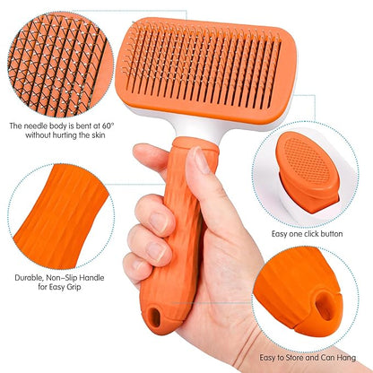 Dog & Cat Brush, Self Cleaning Slicker Brush for Pets, Upgraded Dog Brush for Shedding Massaging and Grooming, Removes Loose Undercoat & Portable Comb for Long Short Haired Dogs(Orange)