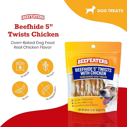 Beefeaters Dog Treats - Beefh 5in Twist with Chicken 26oz | Dog Food High Protein, Low Fat, Enriched with Vitamins & Minerals | Promotes Clean Teeth | Dog Training Treats for All Dog Sizes