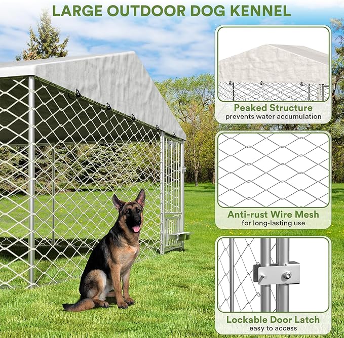 10x10 ft Dog Kennel Outdoor - Outside Dog Kennel with Roof, Heavy Duty Large Outdoor Dog Kennel, Covered Dog Outdoor Kennel with Rotating Feeder Bowls
