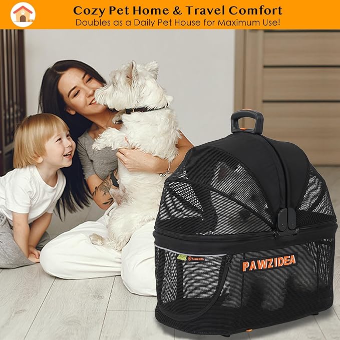 PAWZIDEA Portable Small Dog Crate for Car Travel, Enclosed Pet Car Seats for Small/Medium Dogs & Cats, Reversible No-Zip Canopy, Soft-Sided Pet Carrier Cage, Collapsible Travel Dog Kennel, Chew-Proof