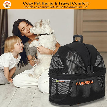 PAWZIDEA Portable Small Dog Crate for Car Travel, Enclosed Pet Car Seats for Small/Medium Dogs & Cats, Reversible No-Zip Canopy, Soft-Sided Pet Carrier Cage, Collapsible Travel Dog Kennel, Chew-Proof
