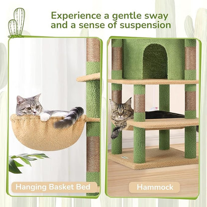 Globlazer Cactus Corner Cat Tree Tower for Large Cat, 66inch Tall Large Cat Tree Condo for Multiple Indoor Cats with 6 Scratching Posts, 2 Spacious Cat Condos, Soft Hammock, Hanging Basket, C66, Green