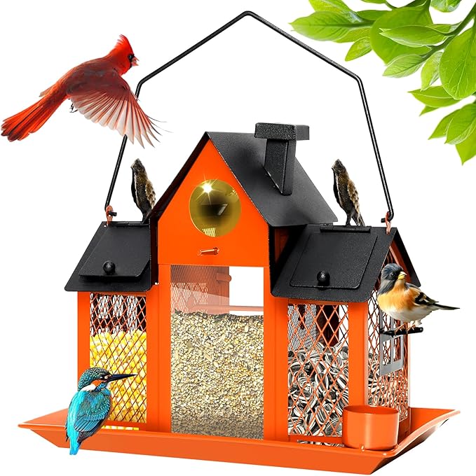 Solar Bird Feeders House for Outdoors Hanging, 7LBS Large Capacity Metal Wild Bird Feeder Squirrel Proof for Outside with Water Cup, Cardinal Birdfeeder Birdhouses Gift for Bird Lovers (Orange)