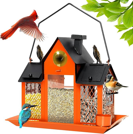 Solar Bird Feeders House for Outdoors Hanging, 7LBS Large Capacity Metal Wild Bird Feeder Squirrel Proof for Outside with Water Cup, Cardinal Birdfeeder Birdhouses Gift for Bird Lovers (Orange)