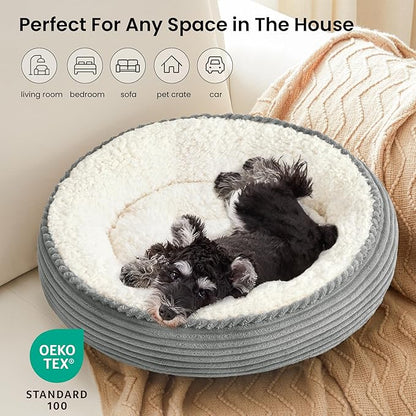 Love's cabin Round Donut Cat and Dog Cushion Bed, 25in Pet Bed for Small or Medium Dogs, Anti-Slip & Water-Resistant Bottom, Soft Durable Fabric Pet Beds, Washable Calming Cat Bed Grey Stripe