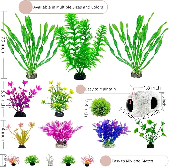 Aquarium Decorations Set, 16Pieces Artificial Plastic Plants & Smooth Fish Cave Rock, Non-Damaging Ornaments for Fish Tank with Gift Box Packaging, Goldfish & Betta Fish Tank Accessories