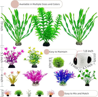Aquarium Decorations Set, 16Pieces Artificial Plastic Plants & Smooth Fish Cave Rock, Non-Damaging Ornaments for Fish Tank with Gift Box Packaging, Goldfish & Betta Fish Tank Accessories