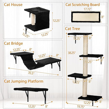 Cat Wall Shelves, Wall Mounted Cat Furniture, Cat Wall Climber with Bridge, Perches, Ledges and Beds, Kitty Jungle Gym for Wall, Set of 5 (Black)