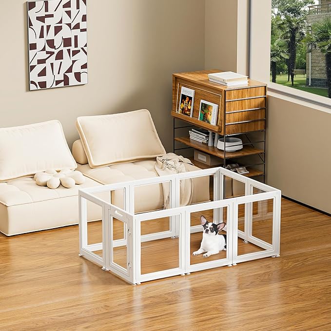 Dog Playpen Transparent Puppy Playpen Indoor, Easy Assemble & Disassemble Clear Pet Playpen, Sturdy & Easy Cleaning Plastic Dog Fence with Fence-to-Wall Anchor & Suction Cup (23.6"" H, 10PCS), WHITE