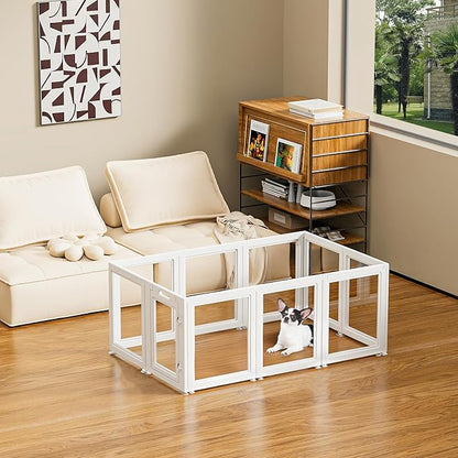 Dog Playpen Transparent Puppy Playpen Indoor, Easy Assemble & Disassemble Clear Pet Playpen, Sturdy & Easy Cleaning Plastic Dog Fence with Fence-to-Wall Anchor & Suction Cup (23.6"" H, 10PCS), WHITE