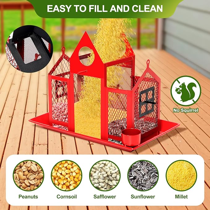 Solar Bird Feeders House for Outdoors Hanging, 7LBS Large Capacity Metal Wild Bird Feeder Squirrel Proof for Outside with Water Cup, Cardinal Birdfeeder Birdhouses Gift for Bird Lovers (Red)