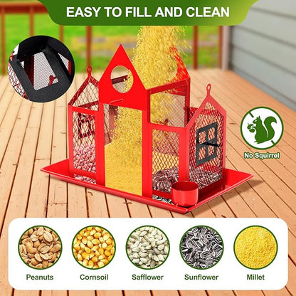 Solar Bird Feeders House for Outdoors Hanging, 7LBS Large Capacity Metal Wild Bird Feeder Squirrel Proof for Outside with Water Cup, Cardinal Birdfeeder Birdhouses Gift for Bird Lovers (Red)