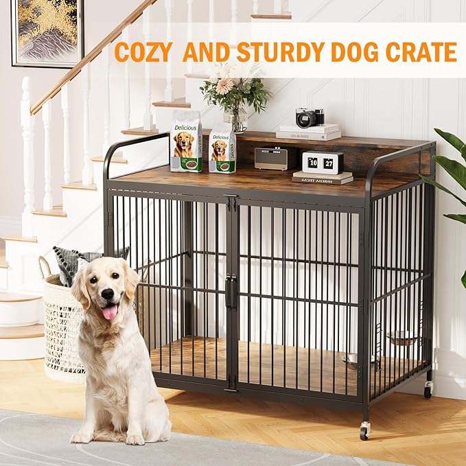 32 Inch Dog Crate Furniture, Dog Cages with Adjustable Feeder Height, Ideal for Small Dogs, Equipped with 360-Degree Swivel Casters for Smooth Mobility, Rustic Brown