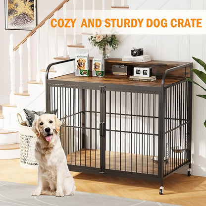 32 Inch Dog Crate Furniture, Dog Crate with Adjustable Height Feeder, Designed for Small Dogs, Featuring 360-Degree Swivel Wheels for Easy Movement, Rustic Brown Finish