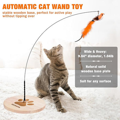 JXFUKAL Interactive cat Toy, Automatic Cat Wand Toy with Stable Wooden Base, 2 PCS Detachable Cat Teaser, 5PCS Refills Replacement & Hanging Elastic String, Kitty Kitten Toys Feather Spring Bird Toy