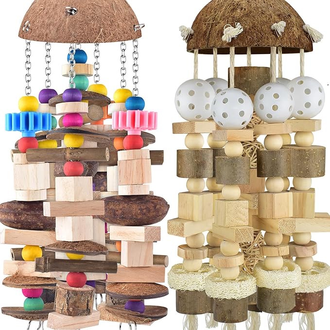 KATUMO Bird Toys, 2PCS Large Wooden Blocks & Coconut Shell Chew Toys for African Grey Cockatoo Amazon Parrots and Medium to Large Birds