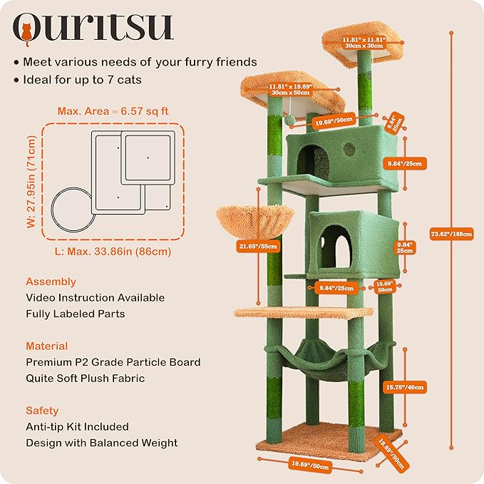 Ouritsu Cat Tree, 73.6 inch Tall Cat Climbing Tower for Large Cat Indoor with 2 Large Condos, 2 Widened Perches, Sisal Covered Scratching Posts, 2 Hammocks, Cactus Green, XLF001GB